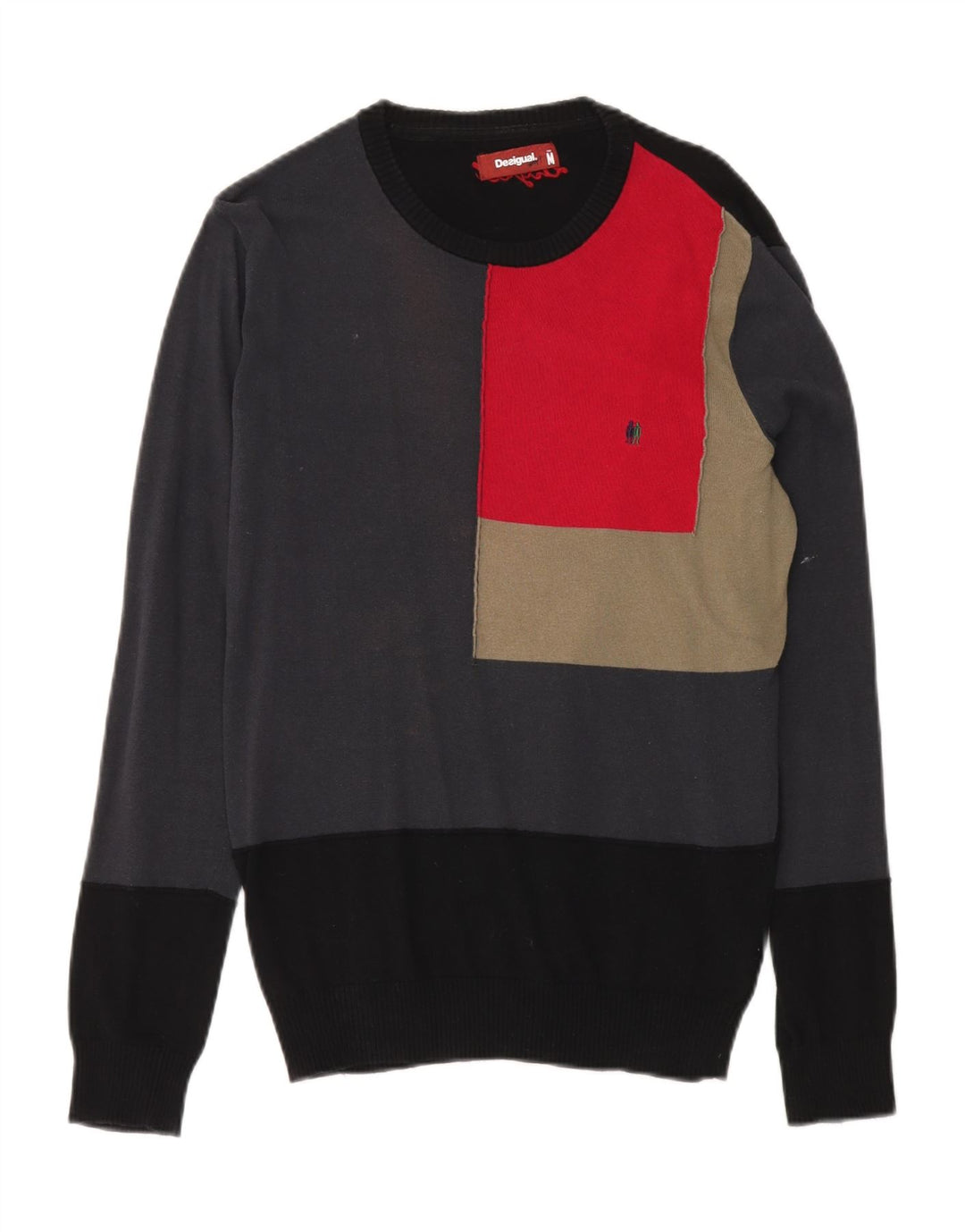 Desigual Herren-Pullover mit Rundhalsausschnitt, Mittelschwarz, Colourblock-Baumwolle