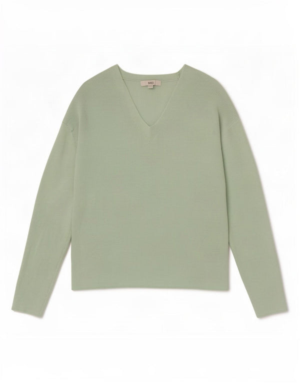 Marks & Spencer Damen-Pullover mit V-Ausschnitt, UK 14, mittelgrüne Viskose