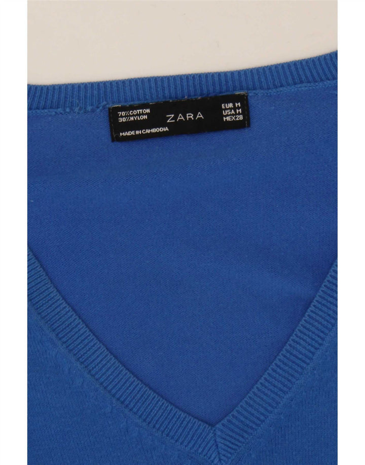 Zara Damen-Pullover mit V-Ausschnitt, UK 12, mittelblaue Baumwolle