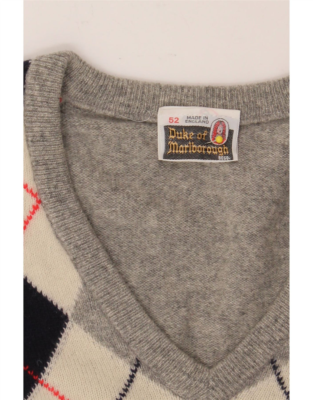VINTAGE Mens V-Neck Jumper Sweater IT 52 Large Grey Argyle/Diamond Vintage Vintage and Second-Hand Vintage from Messina Hembry 