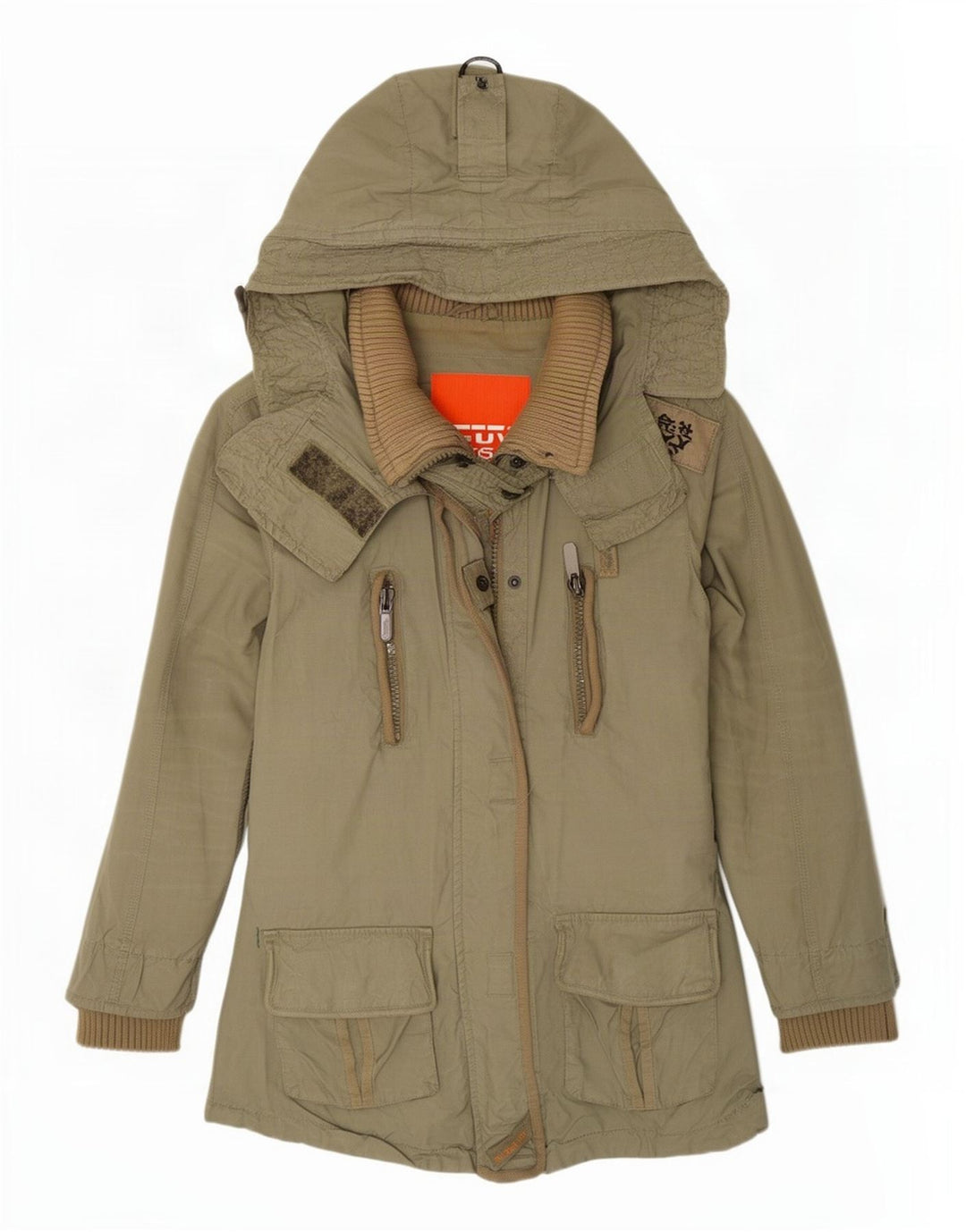 Superdry Damen-Parka mit Kapuze, UK 12, mittlere Khaki-Baumwolle