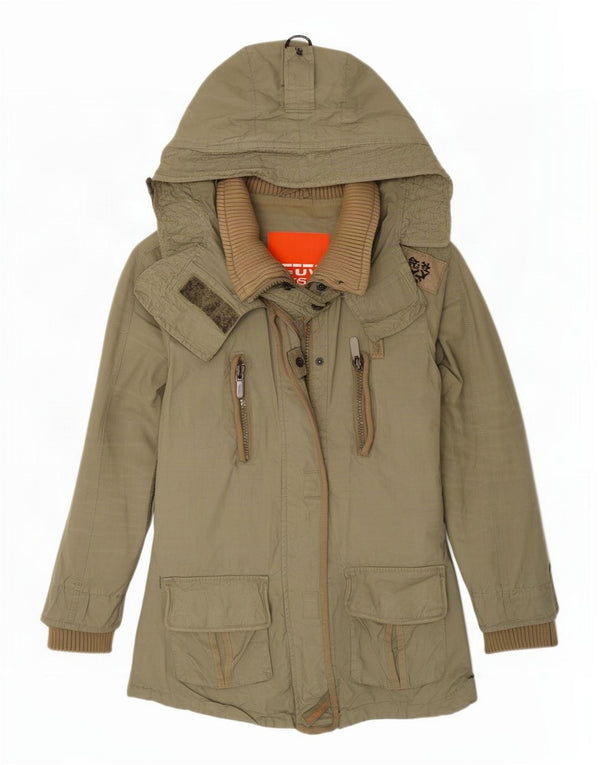 Superdry Damen-Parka mit Kapuze, UK 12, mittlere Khaki-Baumwolle