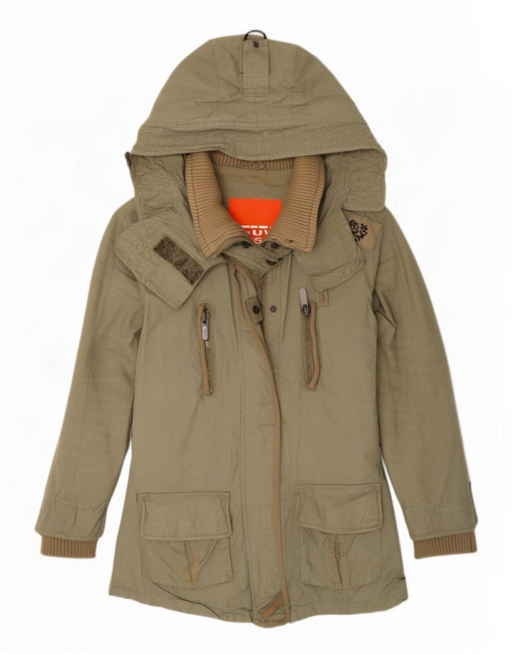Superdry Damen-Parka mit Kapuze, UK 12, mittlere Khaki-Baumwolle