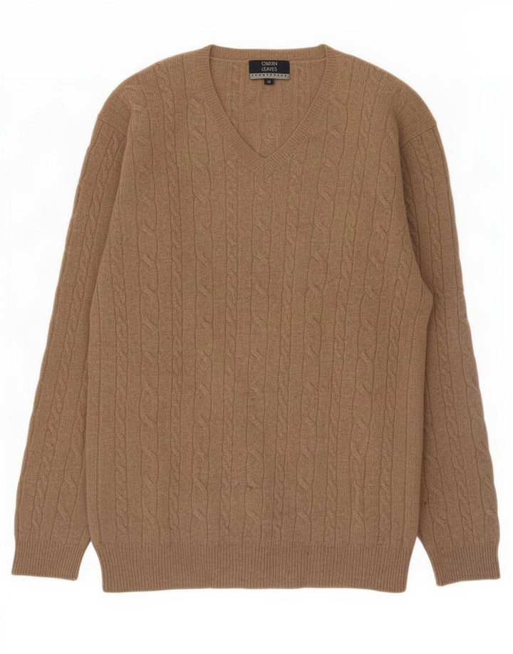 Green Leaves Herren-Pullover mit V-Ausschnitt aus mittelbeiger Wolle