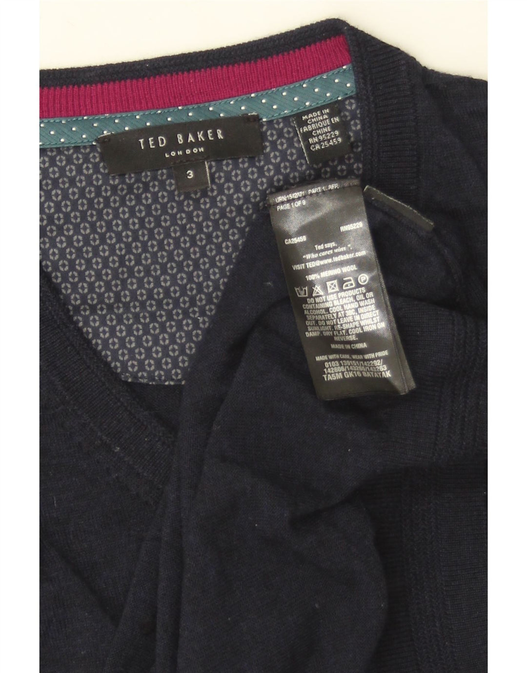 TED BAKER Herren-Pullover mit V-Ausschnitt, Größe 3, mittelmarineblaue Merinowolle