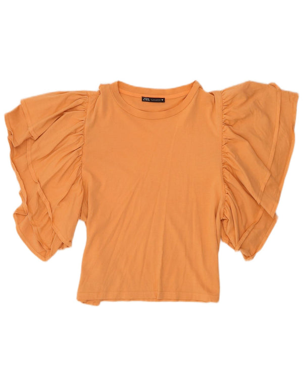 Zara Damen Crop Batwing Bluse Top UK 10 Small Orange Baumwolle