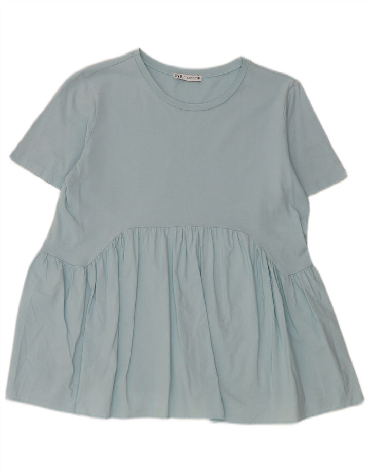 Zara Damen Blusentop UK 12 Mittelblaue Baumwolle