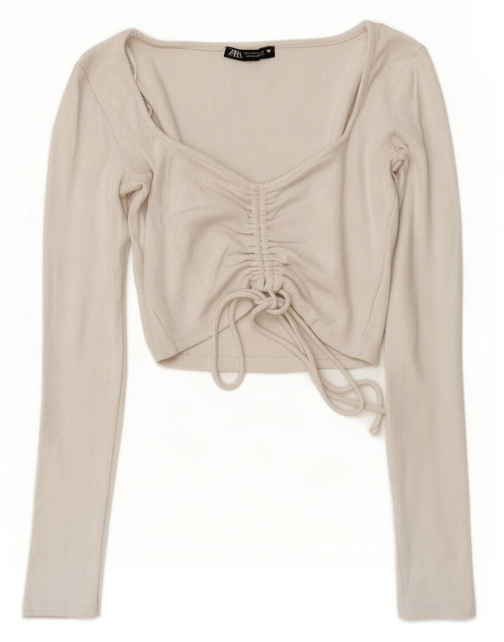 Zara Womens Front Tie Crop Top Langarm UK 10 Small Weiße Baumwolle