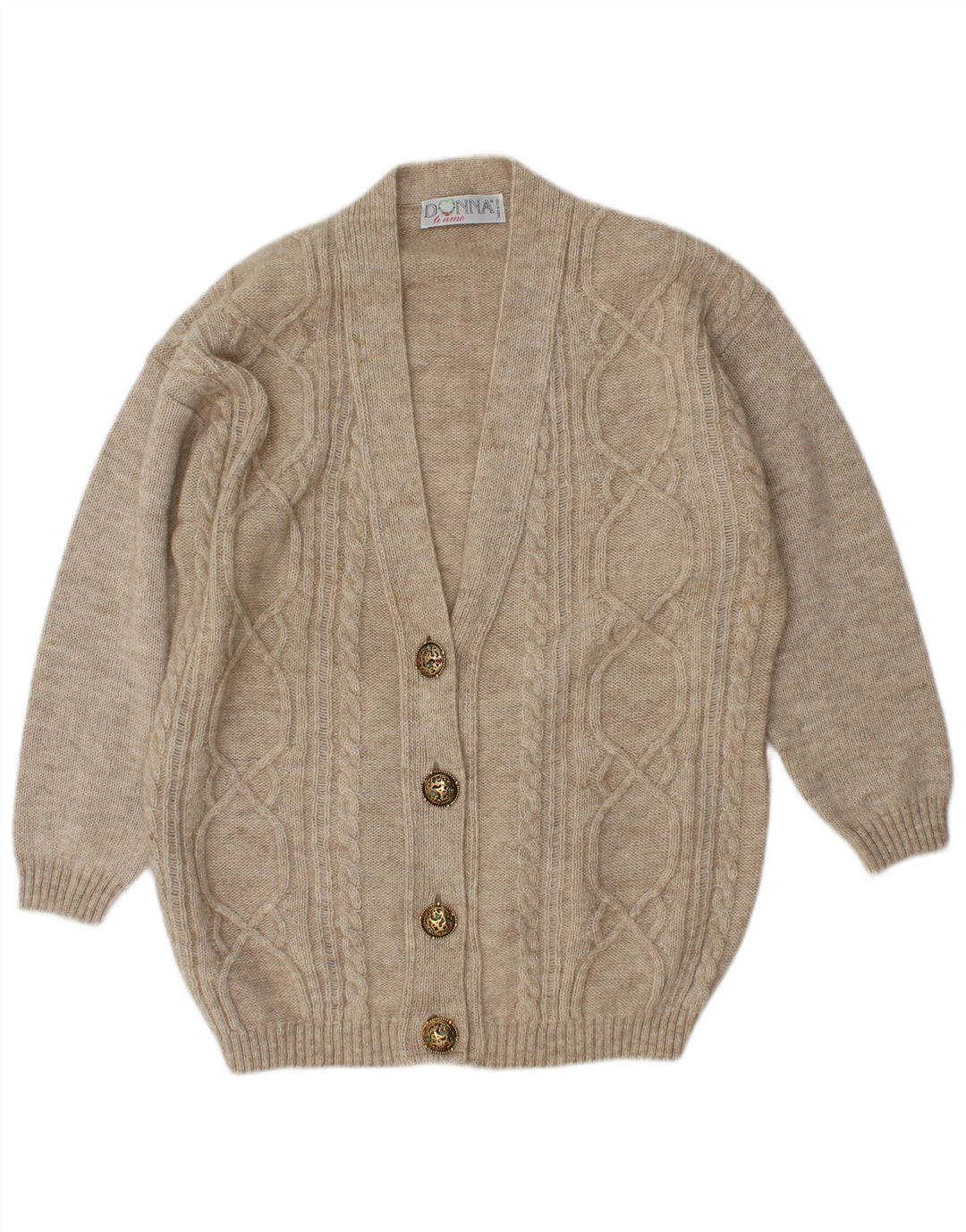 Vintage Damen Oversized Cardigan Pullover UK 14 Mittelbeige Wolle
