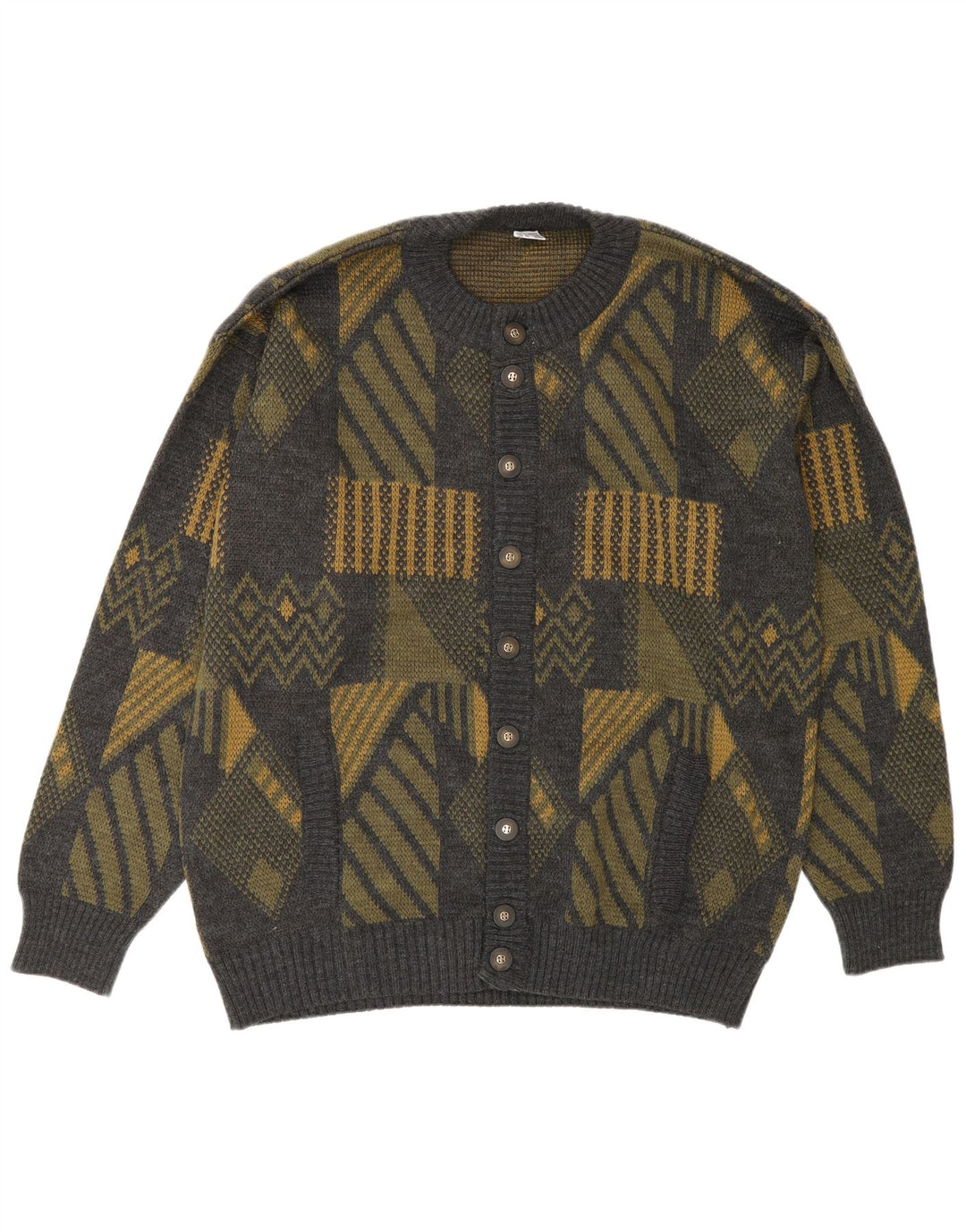 Vintage Herren-Cardigan-Pullover, groß, grau, geometrisch, Polyacryl
