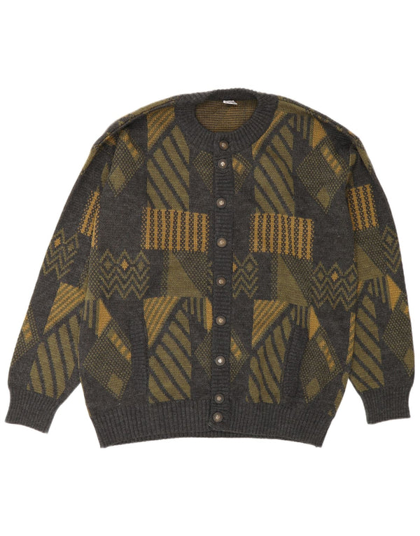 Vintage Herren-Cardigan-Pullover, groß, grau, geometrisch, Polyacryl