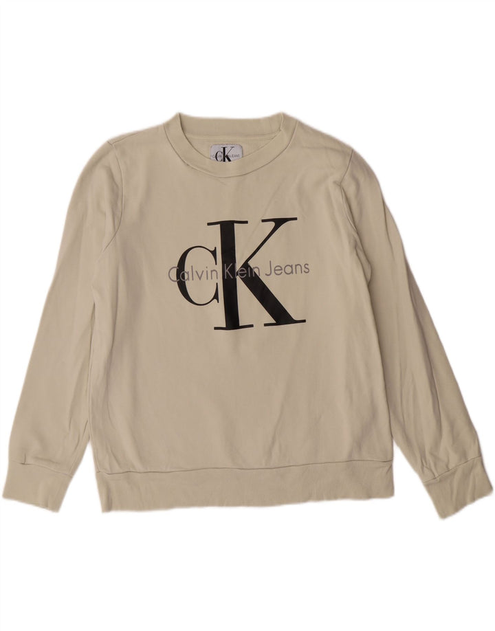 CALVIN KLEIN JEANS Womens Graphic Sweatshirt Jumper UK 14 Medium Off White