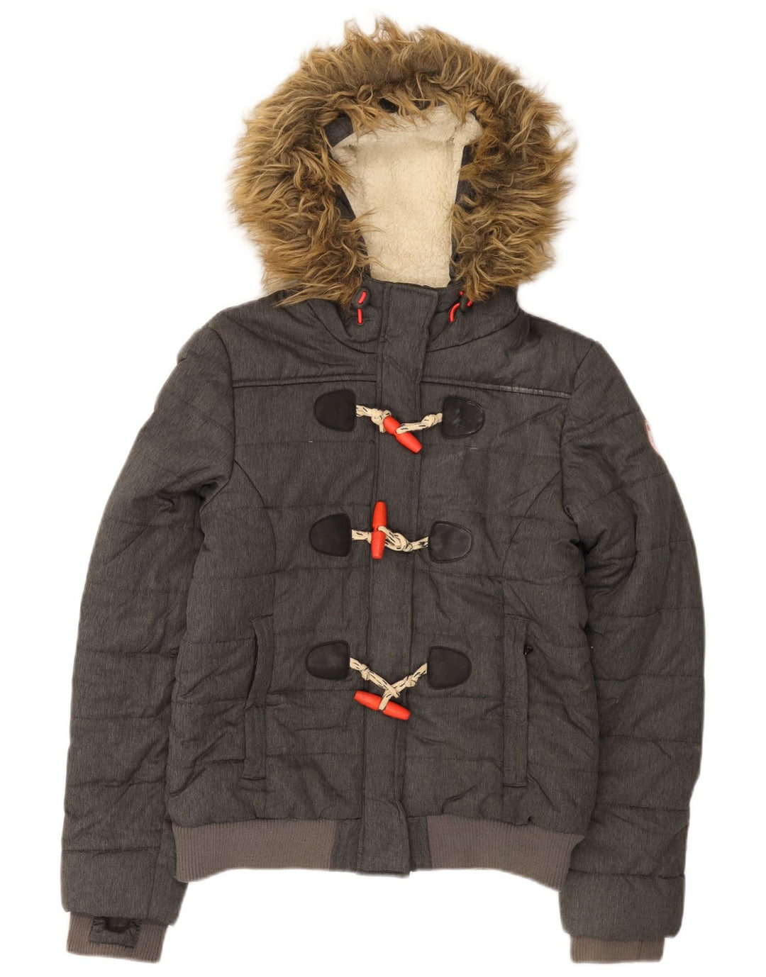 Superdry Wattierte Damenjacke mit Kapuze, UK 12, mittelgraues Polyester