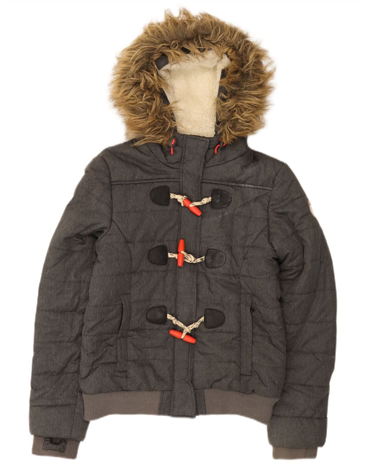 Superdry Wattierte Damenjacke mit Kapuze, UK 12, mittelgraues Polyester