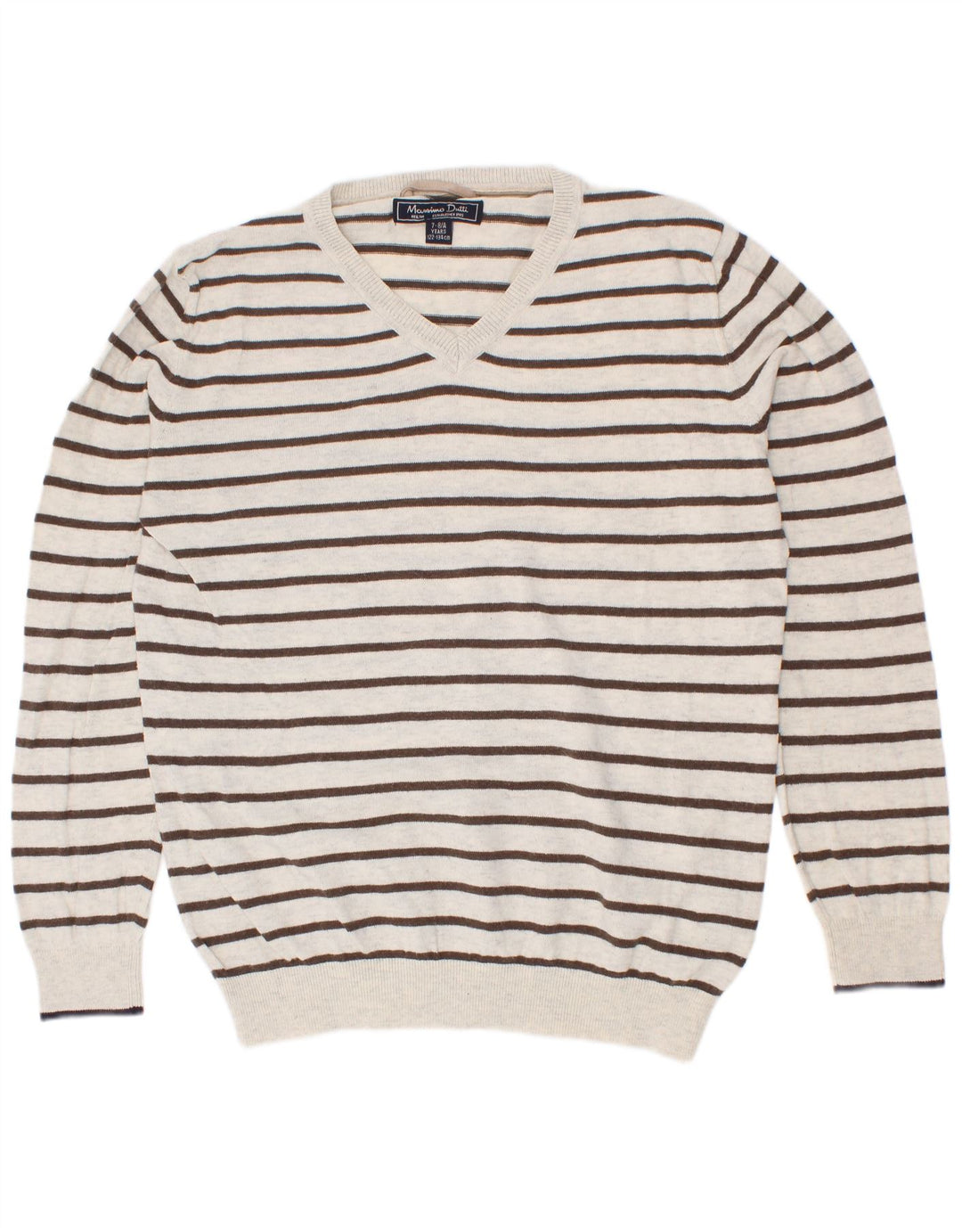 Massimo Dutti Jungen-Pullover mit V-Ausschnitt, 7–8 Jahre, weiß gestreift, Baumwolle