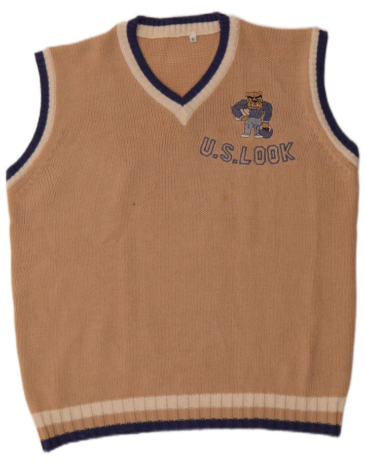Vintage Herren Grafik Weste Tank Top Groß Beige Acryl