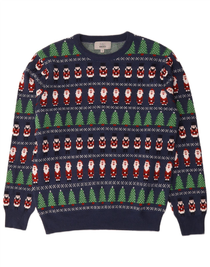 Marks & Spencer Herren-Pullover mit Rundhalsausschnitt, klein, blau, geometrisch