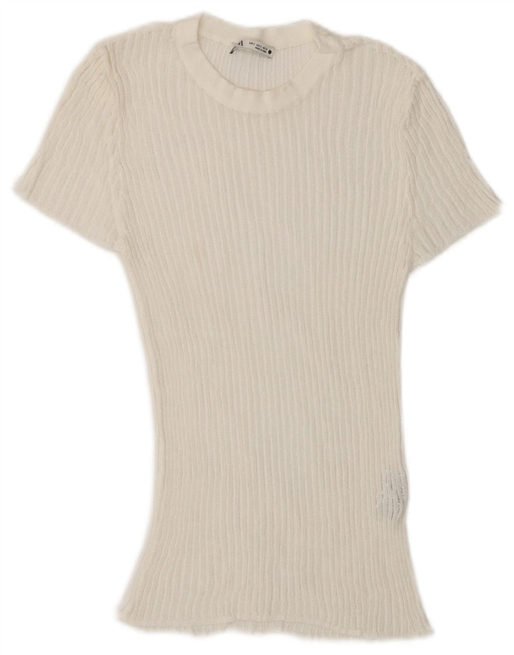 Zara Damen T-Shirt Top UK 10 Small Weiße Viskose