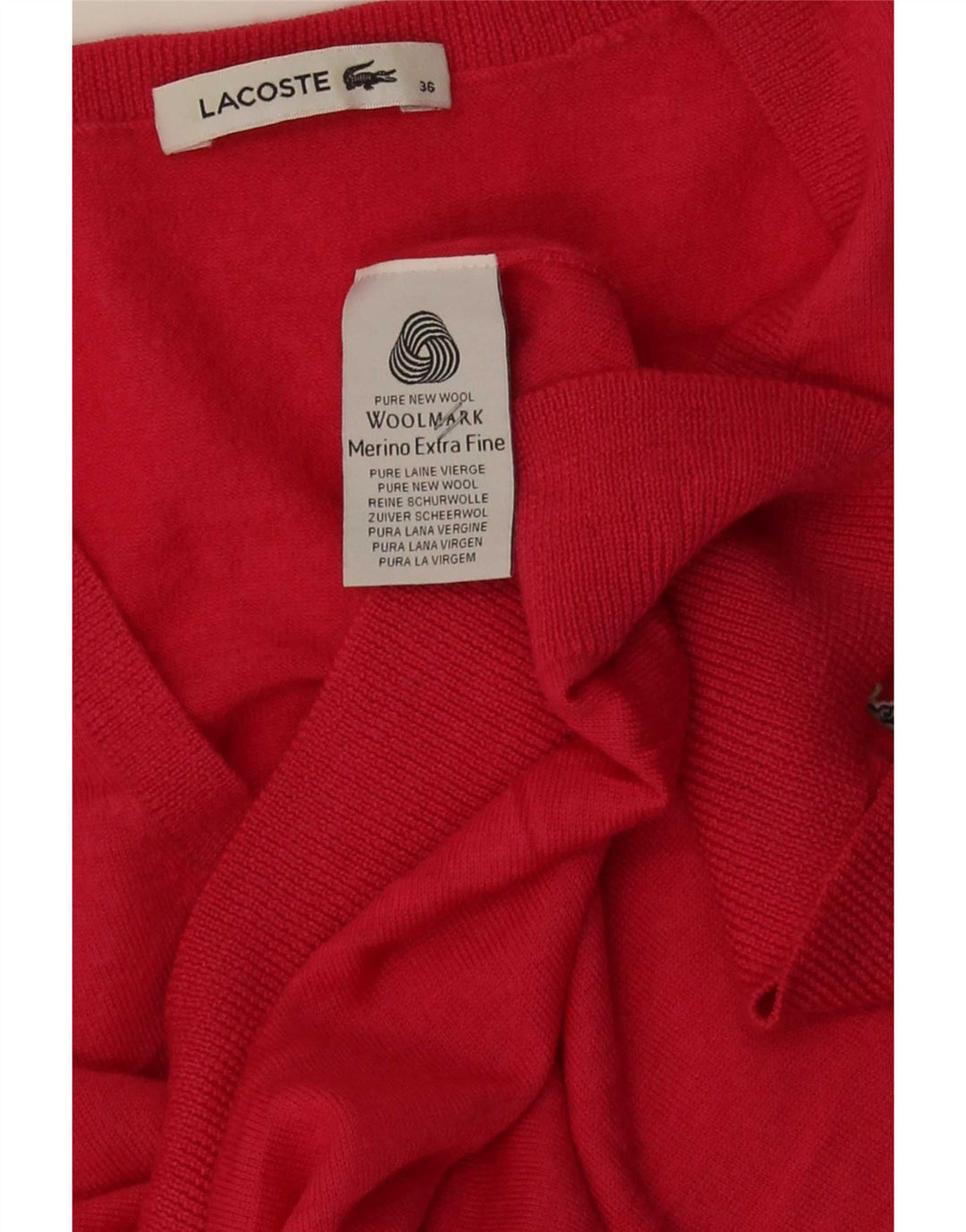 Lacoste Damen-Pullover mit V-Ausschnitt, Größe 36, kleine rote Merinowolle