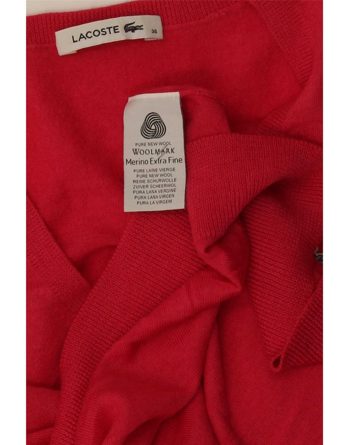 Lacoste Damen-Pullover mit V-Ausschnitt, Größe 36, kleine rote Merinowolle