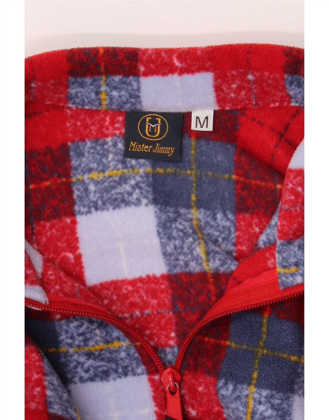 Vintage Herren-Fleecepullover mit Reißverschluss, mittelrot, kariertes Polyester