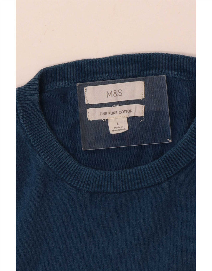 Marks & Spencer Herren-Pullover mit Rundhalsausschnitt, Größe L, aus blauer Baumwolle