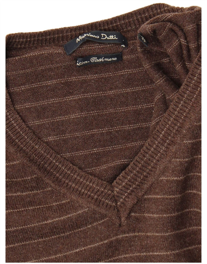 Massimo Dutti Herren-Pullover mit V-Ausschnitt, XL, braun gestreift
