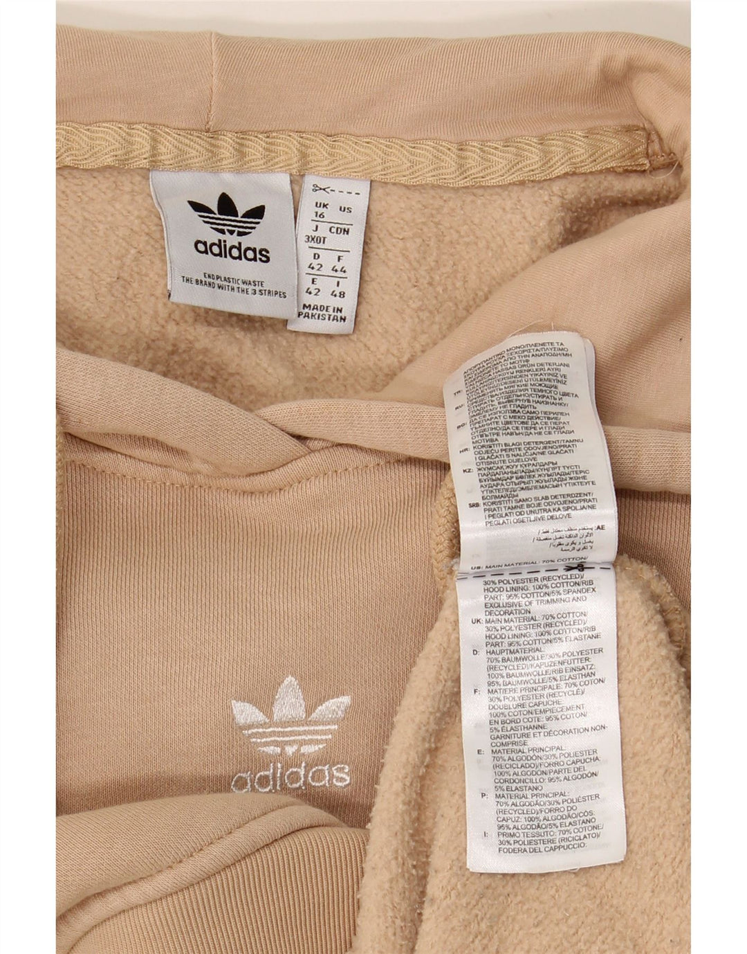 ADIDAS Damen Kapuzenpullover UK 16 Large Beige Baumwolle