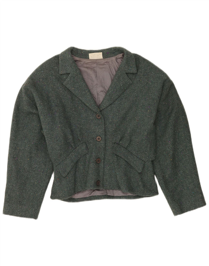 Vintage Damen Crop 4-Knopf-Blazerjacke UK 12 Mittelgrünes Fischgrätenmuster
