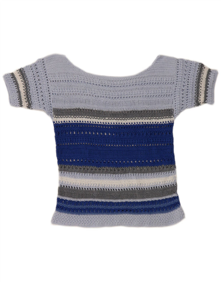 Vintage Damen Häkelbluse Top UK 10 Klein blau gestreift