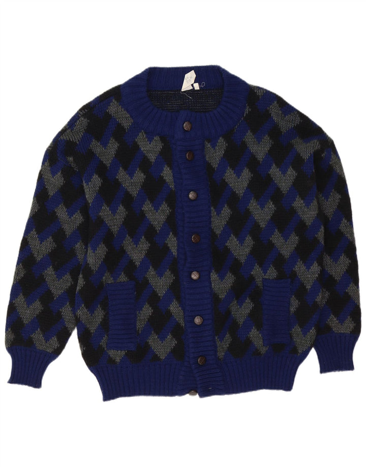 Vintage Herren Cardigan Pullover IT 52 Große marineblaue geometrische Wolle