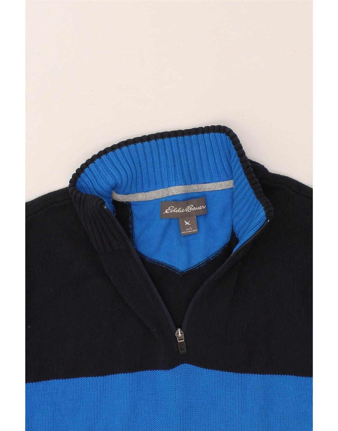 EDDIE BAUER Mens Zip Neck Jumper Sweater Large Navy Blue Colourblock Vintage Eddie Bauer and Second-Hand Eddie Bauer from Messina Hembry 
