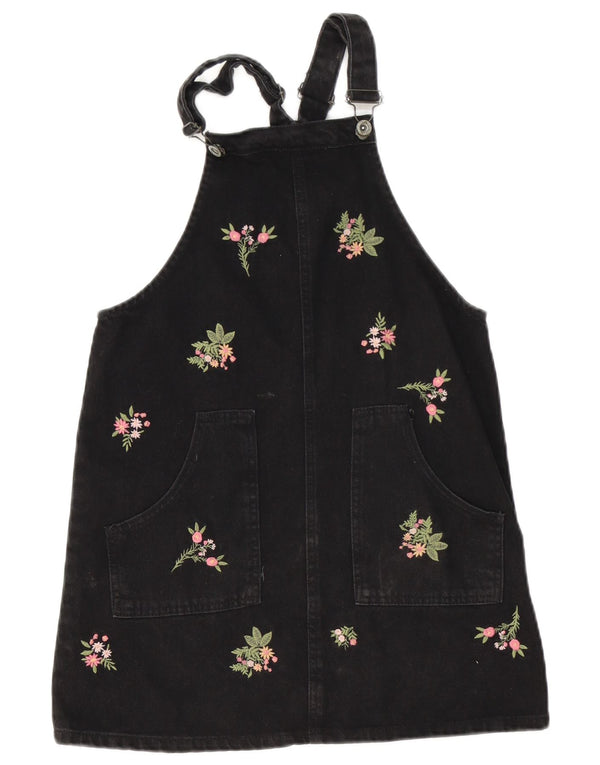 Zara Jeans-Latzkleid für Mädchen, 13–14 Jahre, schwarze Baumwolle mit Blumenmuster