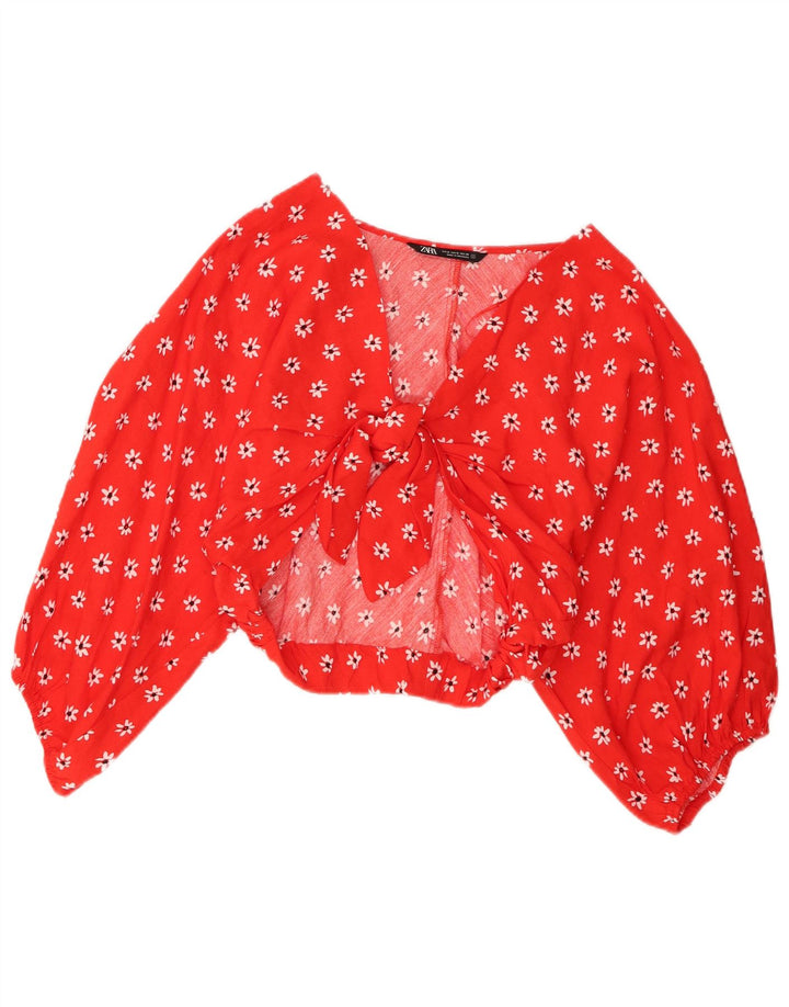Zara Damen Langarm-Crop-Top mit Bindeband vorne, UK 12, mittelrot, geblümt
