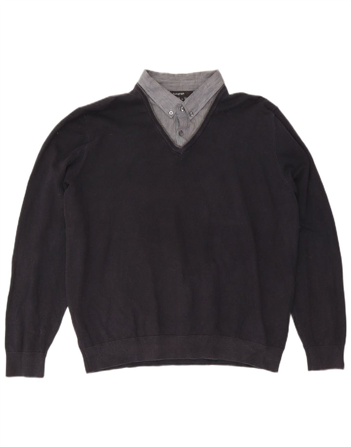 Marks & Spencer Herren-Pullover mit V-Ausschnitt, XL, marineblaue Baumwolle