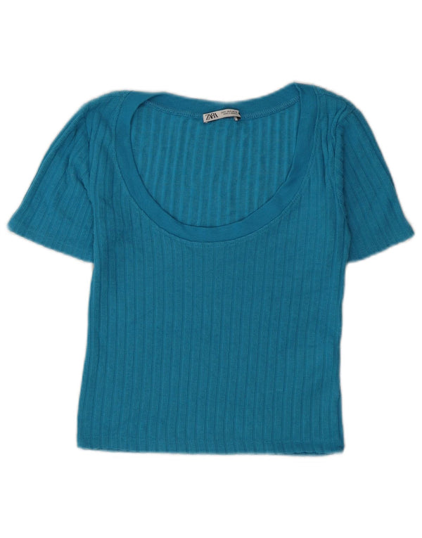 Zara Damen Crop T-Shirt Top UK 8 Small Blaue Viskose