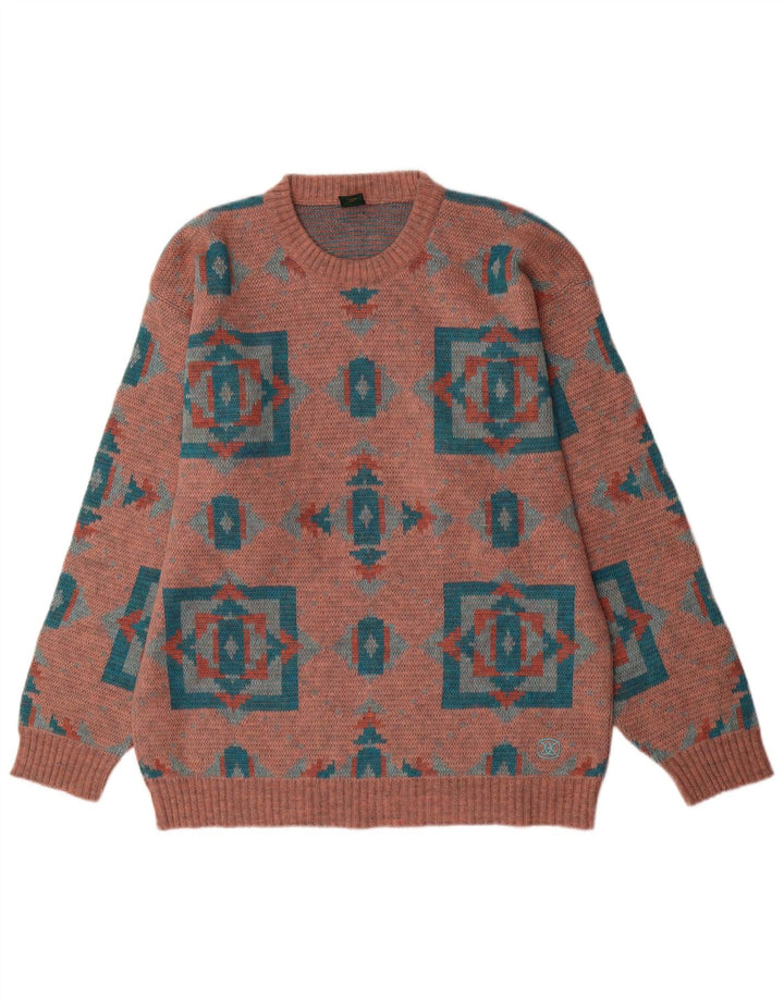 Vintage Herren Pullover mit Rundhalsausschnitt, groß, rosa, geometrisch