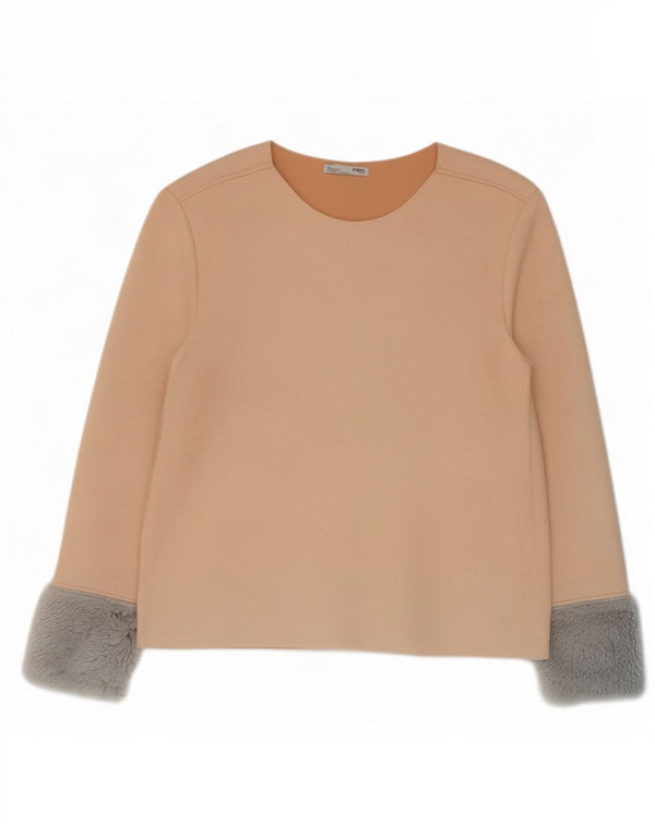 Zara Damen-Blusenoberteil UK 12 Medium Beige Colourblock