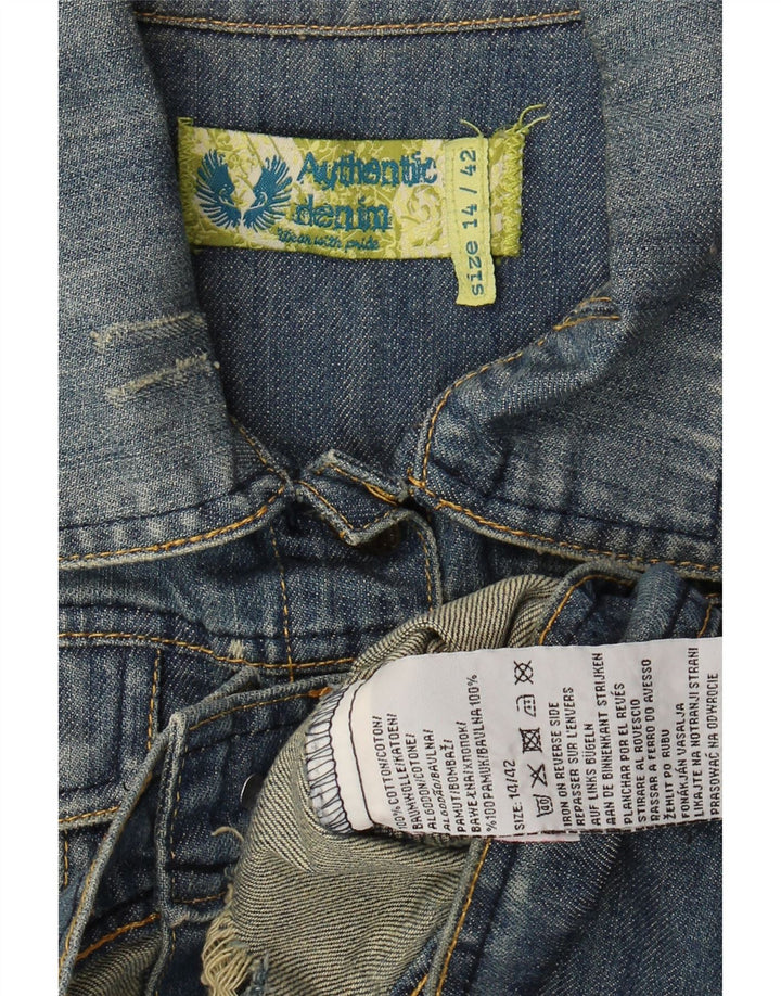 AUTHENTIC Womens Crop Distressed Denim Jacket UK 14 Medium Navy Blue Vintage Authentic and Second-Hand Authentic from Messina Hembry 