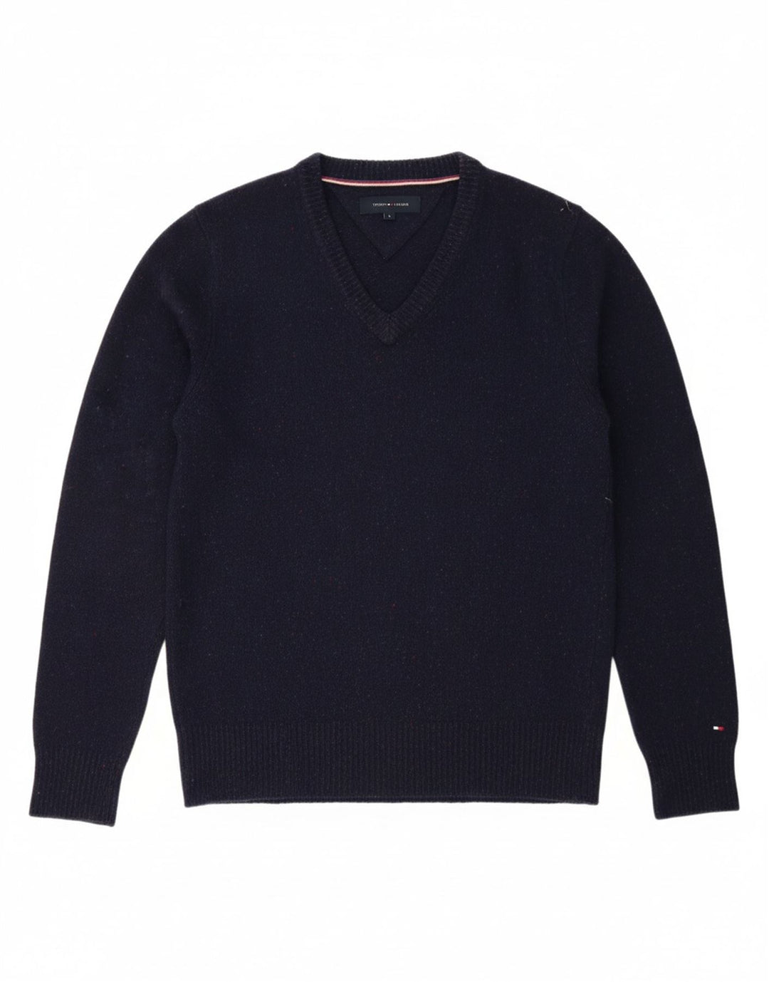 TOMMY HILFIGER Mens V-Neck Jumper Sweater Large Navy Blue Lambswool