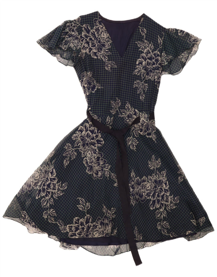 VINTAGE Damen A-Linien-Kleid UK 12 Medium Navy Blue Floral