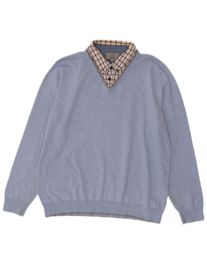 Marks & Spencer Herren-Pullover, reguläre Passform, V-Ausschnitt, XL, blau kariert, Baumwolle