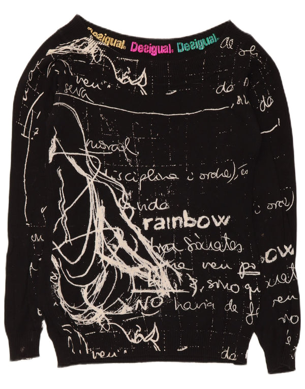 Desigual Damen-Pullover mit grafischem U-Boot-Ausschnitt, Gr. 12, mittelschwarz, Baumwolle