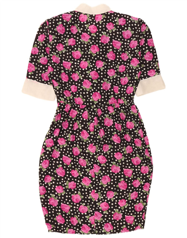 Vintage Damen Figurbetontes Kleid IT 46 Großes schwarzes Blumenmuster aus Polyester
