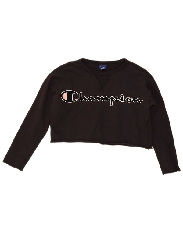Champion Womens Crop Graphic Oversized Sweatshirt Pullover UK 10 Small Schwarz