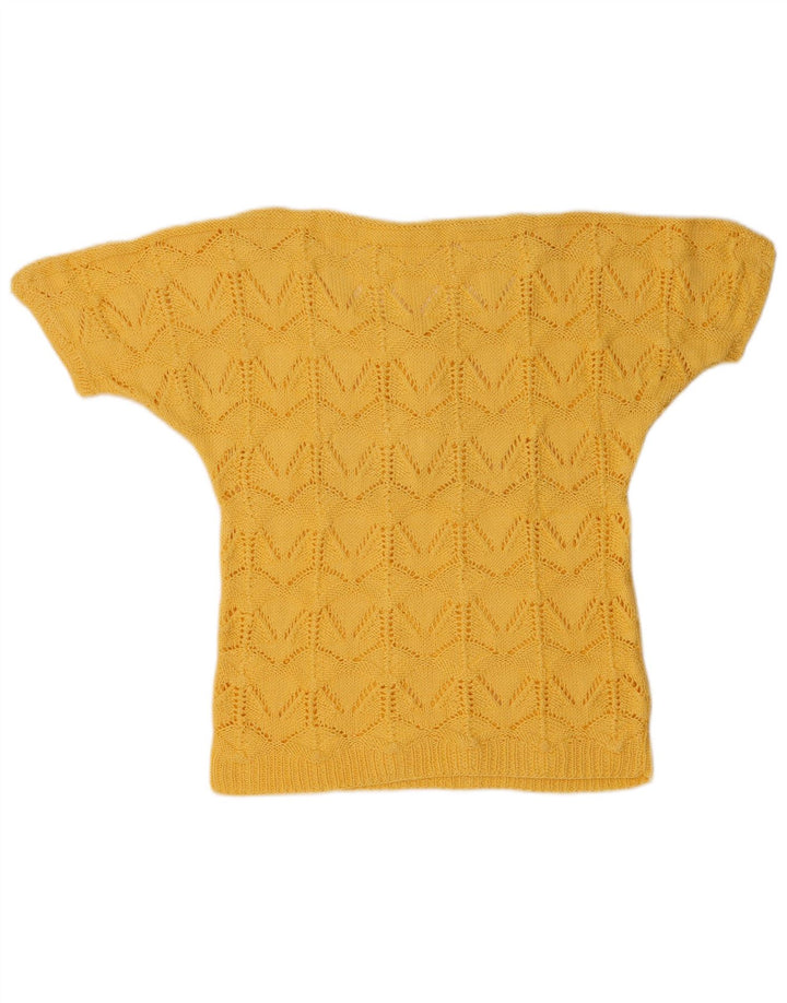Vintage Damen Kurzärmeliger Pullover mit Knöpfen und Halsausschnitt UK 14 Mittelgelb