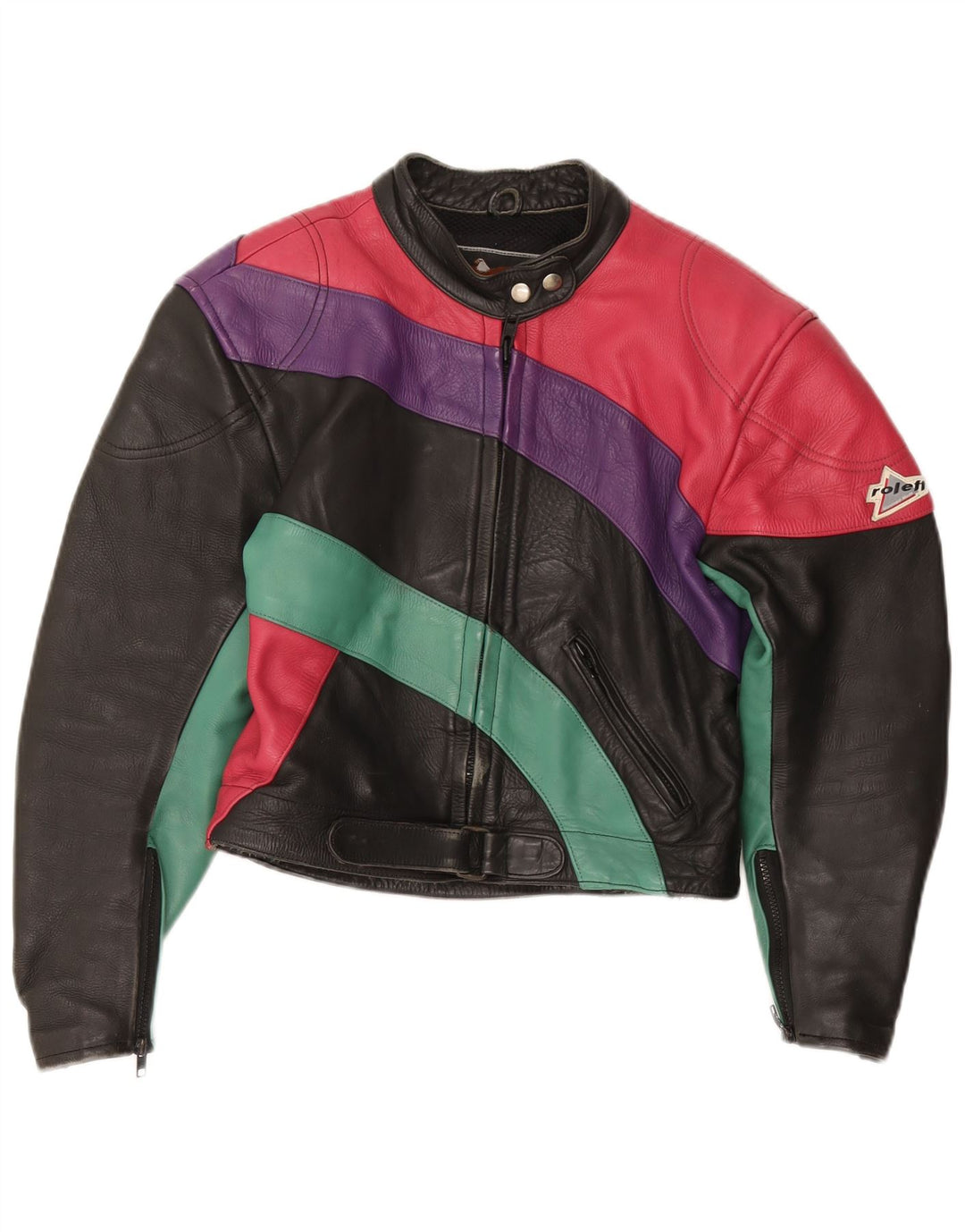 ROLEFF Damen Crop Jacke UK 14 Großes schwarzes Colourblock-Leder-Motorrad