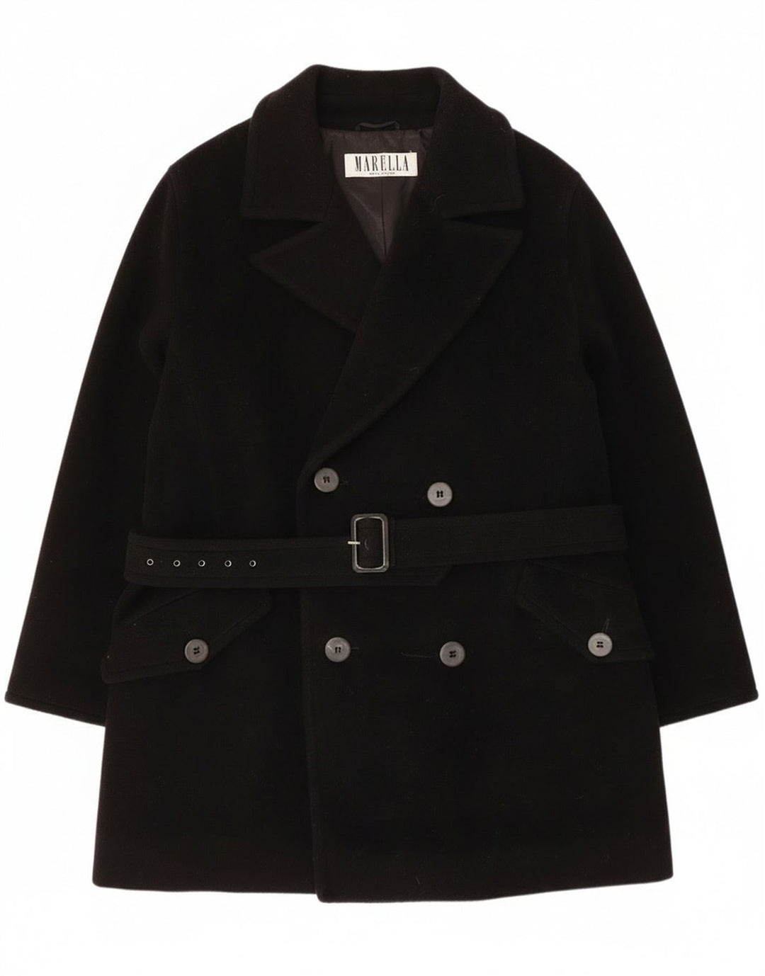 Marella Damen Zweireihiger Mantel UK 14 Mittelschwarze Schurwolle