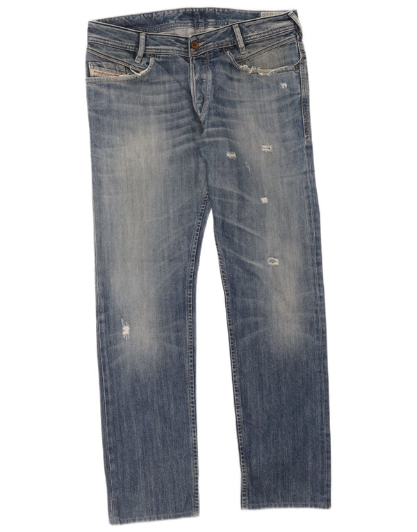 Diesel Herren Poiak Distressed Straight Jeans W33 L34 Blaue Baumwolle
