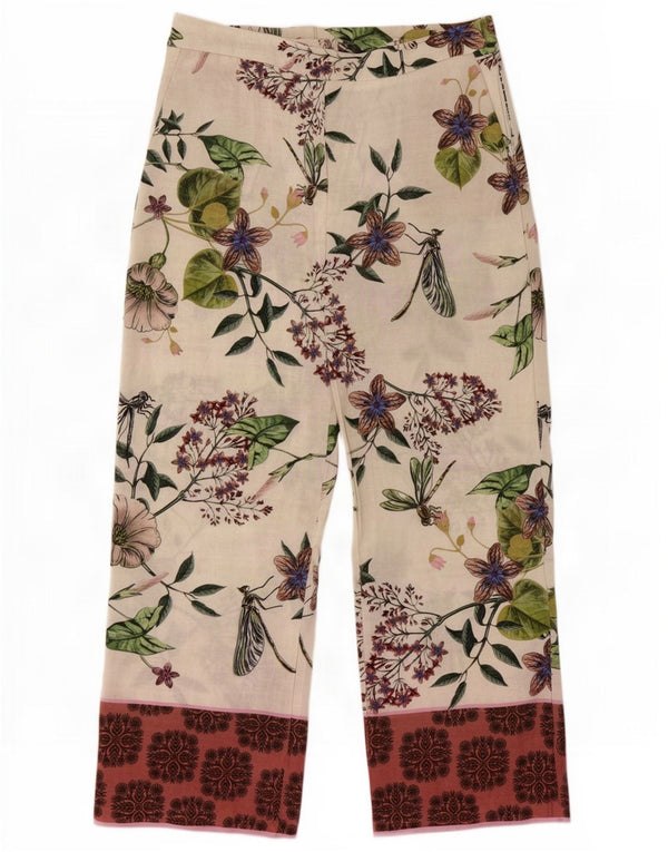 Zara Damen-Hose mit lockerer Passform, XL, W32, L30, gebrochenes Weiß, Blumenmuster, Polyester
